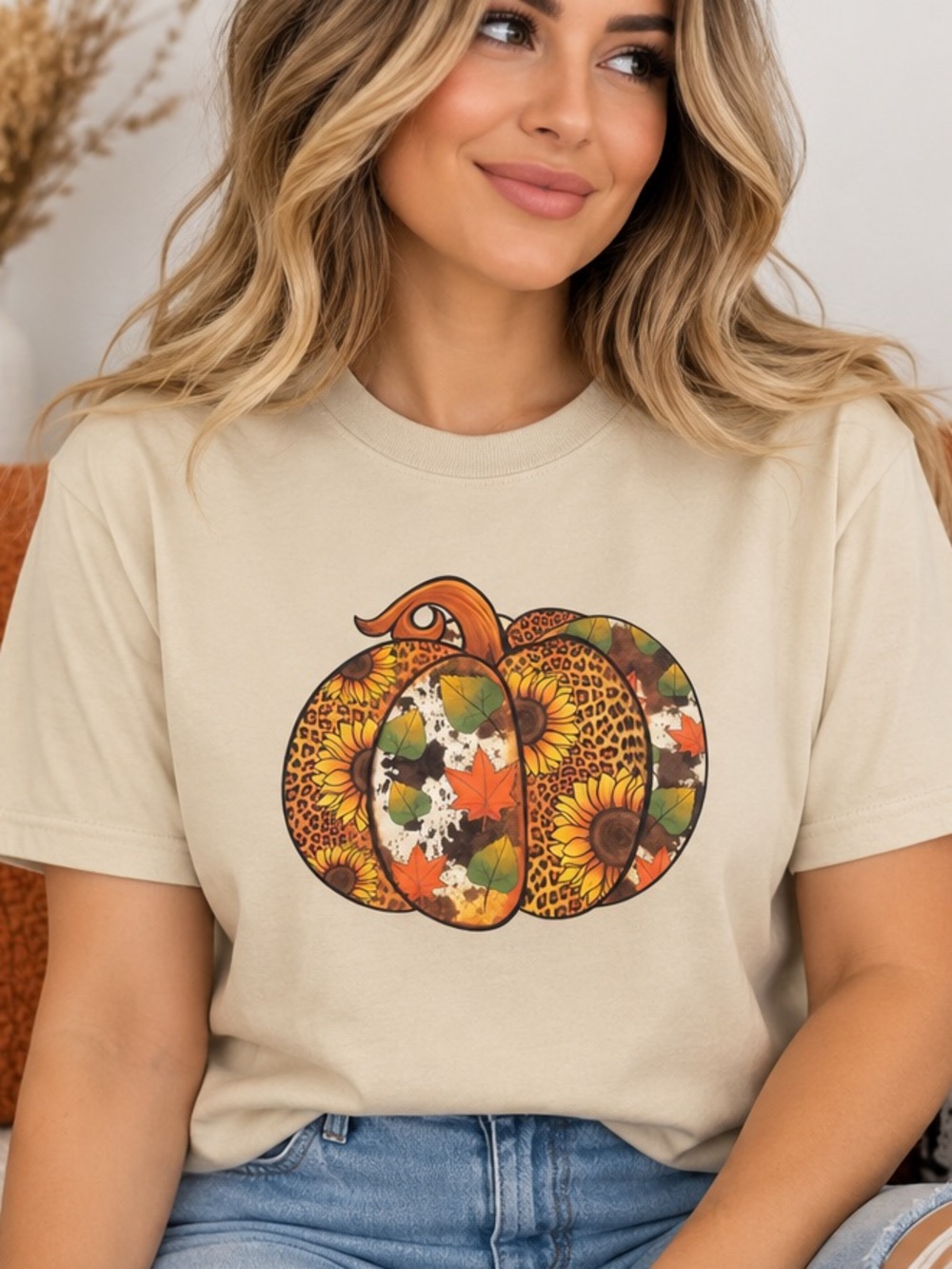 Gildan Beige Tee with Autumn Pumpkin Graphic